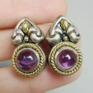 Vintage Flli Menegatti Sterling Silver Purple Amethyst Cabochon Earrings, Italy